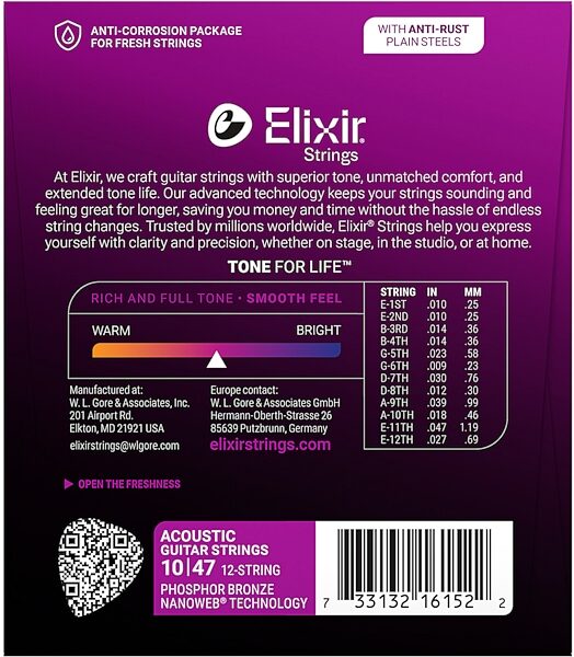 open zoom image for Elixir Phosphor Bronze 12-String Acoustic Guitar Strings With Nanoweb Coating, Light, 10-47, View3