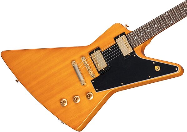 open zoom image for Epiphone 1958 Korina Explorer Electric Guitar (with Case), Aged Natural, with Black Pickguard, Action Position Back