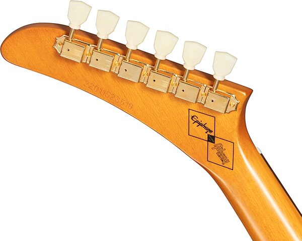 open zoom image for Epiphone 1958 Korina Explorer Electric Guitar (with Case), Aged Natural, with Black Pickguard, Action Position Back
