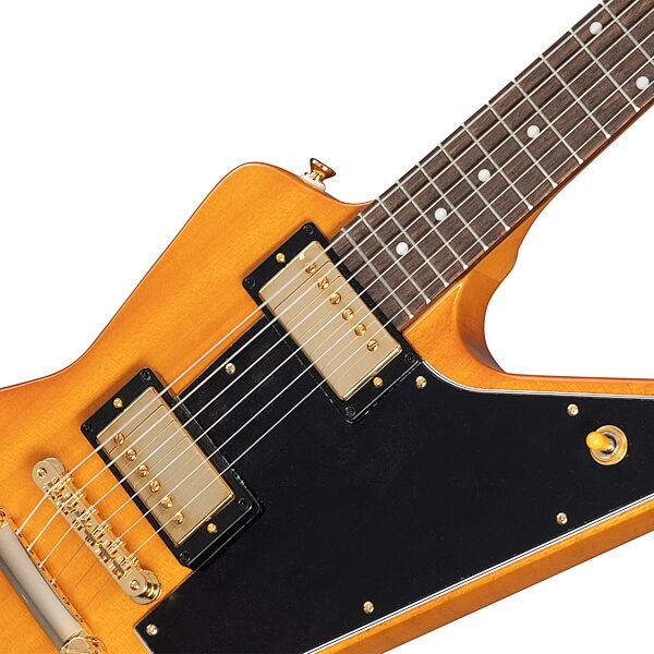 open zoom image for Epiphone 1958 Korina Explorer Electric Guitar (with Case), Aged Natural, with Black Pickguard, Action Position Back