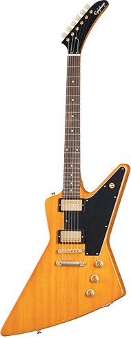 open zoom image for Epiphone 1958 Korina Explorer Electric Guitar (with Case), Aged Natural, with Black Pickguard, Action Position Back