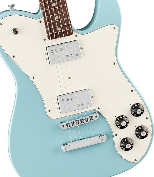open zoom image for Fender Kingfish Delta Day Telecaster Deluxe Electric Guitar (with Case), Daphne Blue, Action Position Back