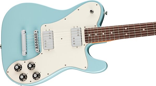 open zoom image for Fender Kingfish Delta Day Telecaster Deluxe Electric Guitar (with Case), Daphne Blue, Action Position Back