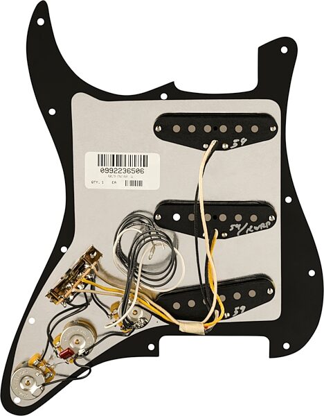 open zoom image for Fender Pre-Wired '59 Strat Pickguard, Black, 11 Hole, Action Position Back