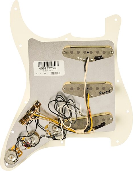 open zoom image for Fender Pre-Wired '65 Stratocaster Pickguard, Parchment, 11-Hole, Action Position Back