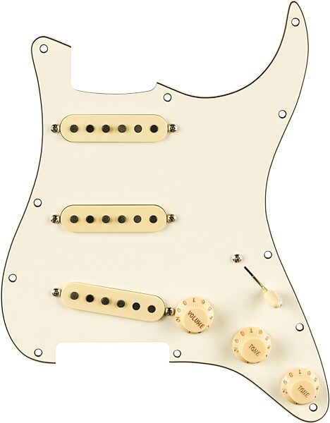 open zoom image for Fender Pre-Wired '65 Stratocaster Pickguard, Parchment, 11-Hole, Action Position Back