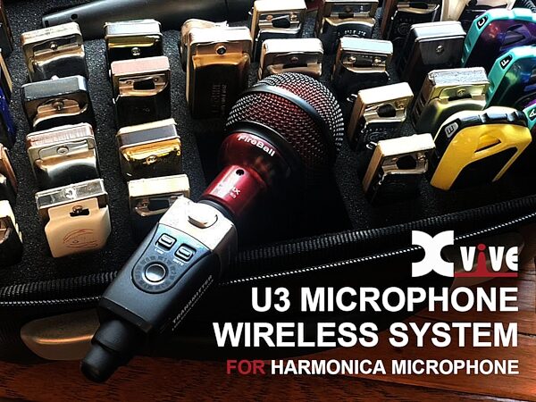 open zoom image for Xvive U3 Digital Plug-On Wireless System for XLR Dynamic Microphones, Black, In Use -- For Harmonica
