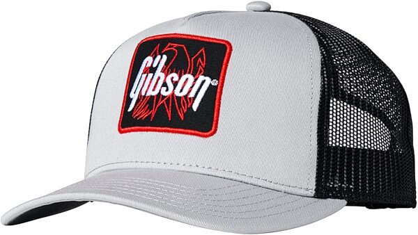 open zoom image for Gibson Firebird Patch Trucker Hat, Gray and Black, Action Position Front