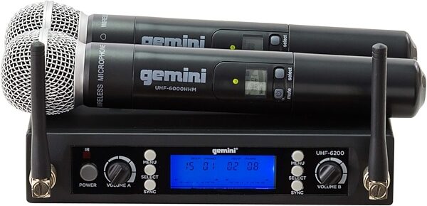 open zoom image for Gemini UHF 6200M Dual Wireless Handheld Microphone System, New, Action Position Back