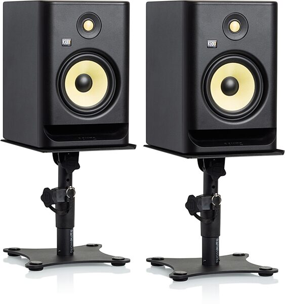 open zoom image for Gator GFWSPKSTMNDSK Desktop Studio Monitor Stands, Pair, Open Box (Like New), Action Position Front