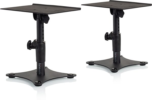 open zoom image for Gator GFWSPKSTMNDSK Desktop Studio Monitor Stands, Pair, Open Box (Like New), Action Position Side