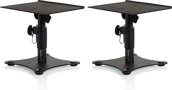 open zoom image for Gator GFWSPKSTMNDSK Desktop Studio Monitor Stands, Pair, Open Box (Like New), Action Position Side