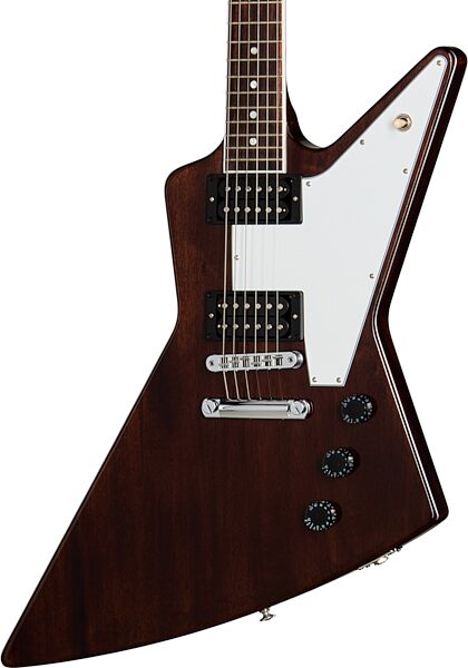 open zoom image for Gibson '70s Explorer Electric Guitar (with Case), Dark Walnut, Action Position Back