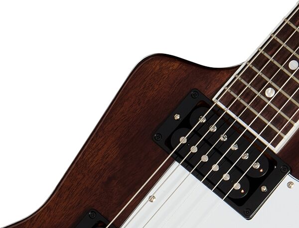 open zoom image for Gibson '70s Explorer Electric Guitar (with Case), Dark Walnut, Action Position Back