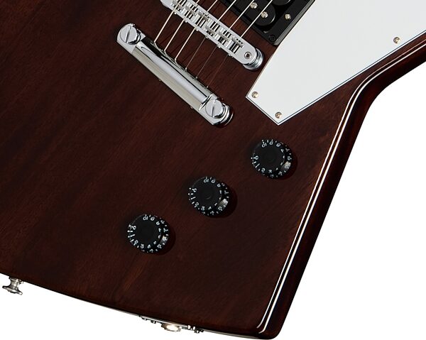 open zoom image for Gibson '70s Explorer Electric Guitar (with Case), Dark Walnut, Action Position Back