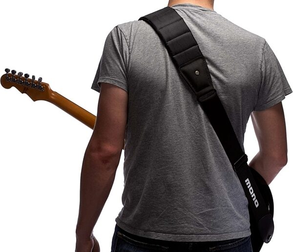 open zoom image for Mono Betty Guitar Strap, Sharkskin Jet Black, Long (47-59 inch, pin to pin), In Use - Back View