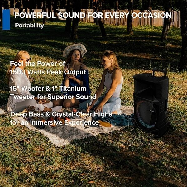 open zoom image for Gemini GXP-T1500 Portable Battery-Powered Bluetooth PA Speaker, New, Action Position Back