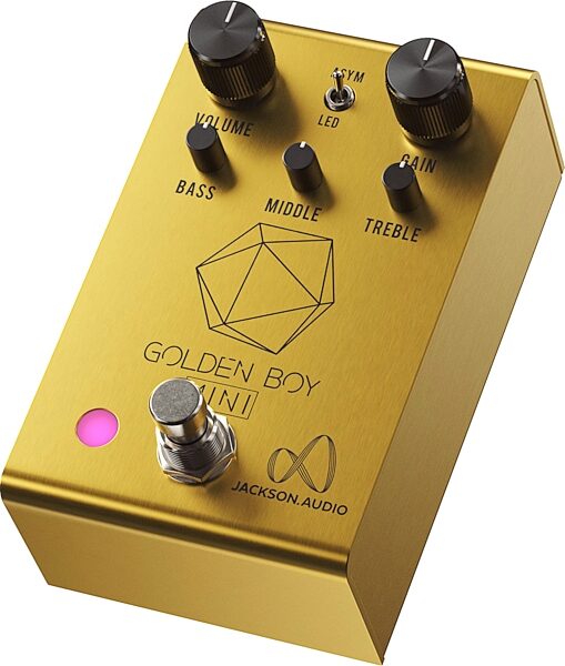 open zoom image for Jackson Audio Golden Boy Mini Overdrive Pedal, Gold, Angled Front