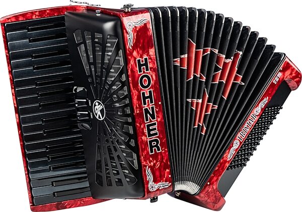 open zoom image for Hohner Tri-Star II Piano Accordion, Pearl Red, Action Position Front