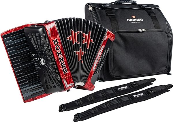open zoom image for Hohner Tri-Star II Piano Accordion, Pearl Red, Action Position Front