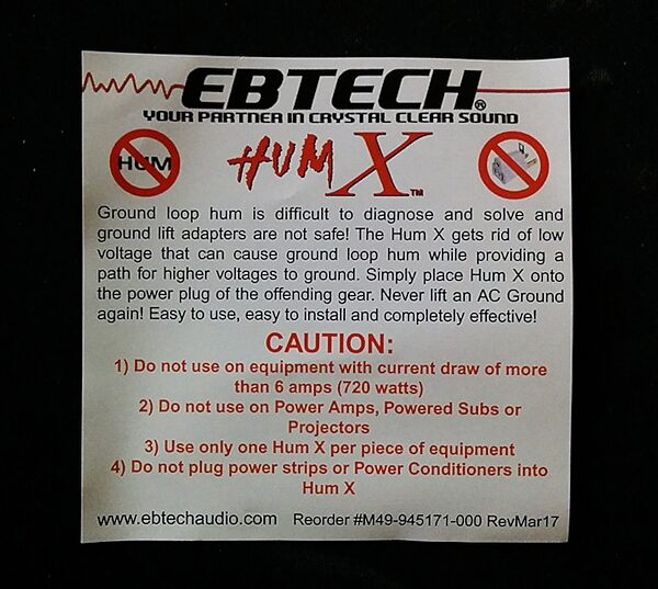 open zoom image for EBTech Hum X Voltage Hum Filter, Hum X Warnings