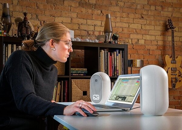 open zoom image for JBL 104-BT Bluetooth Compact Powered Desktop Speaker, In Use