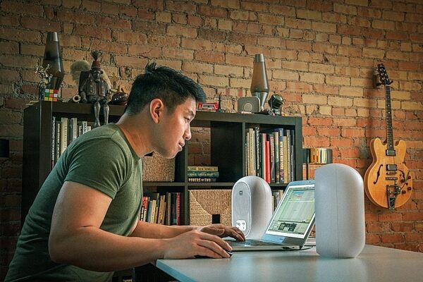 open zoom image for JBL 104-BT Bluetooth Compact Powered Desktop Speaker, In Use
