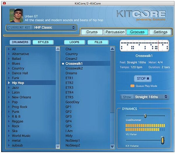 open zoom image for Submersible Music KitCore Drum Synth (Macintosh and Windows), Screenshot - Grooves by Style