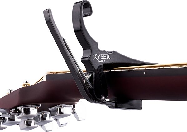open zoom image for Kyser Quick-Change Acoustic Guitar Capo, Black Chrome, Action Position Back