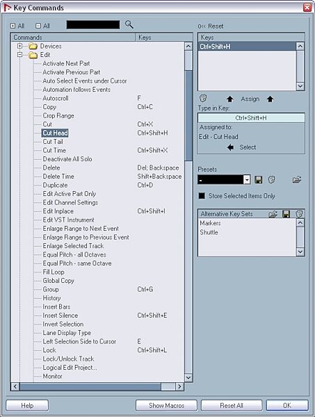 open zoom image for Steinberg Nuendo Recording Software (Macintosh and Windows), Key Commands