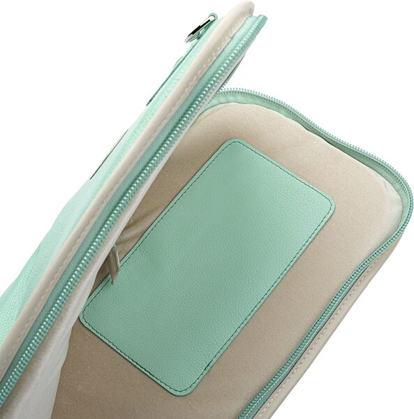 open zoom image for Levy's Chroma Leather Electric Guitar Bag, Aqua Green, Action Position Back