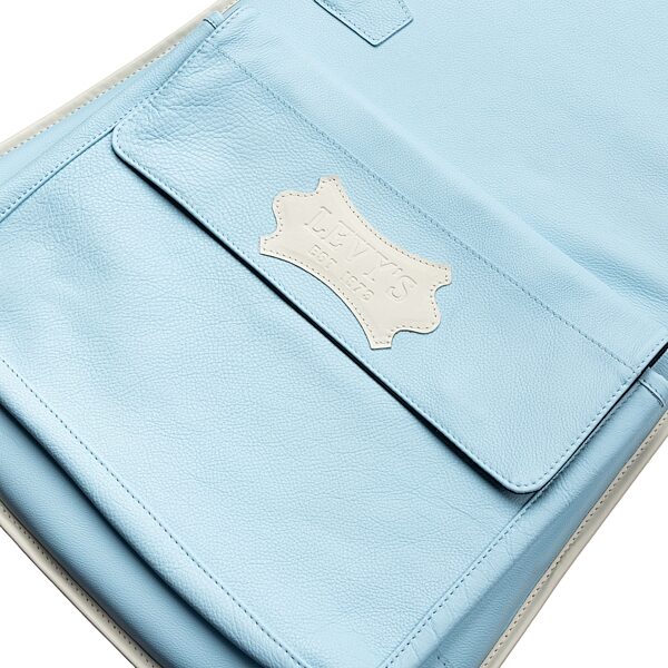 open zoom image for Levy's Chroma Leather Bass Guitar Bag, Powder Blue, Action Position Back
