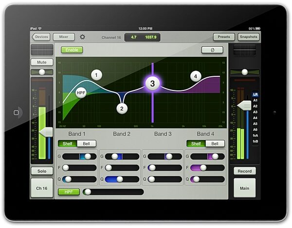 open zoom image for Mackie DL1608 Digital iPad Controlled Mixer (with 30-Pin Dock Connector), EQ View