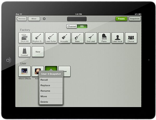 open zoom image for Mackie DL1608 Digital iPad Controlled Mixer (with 30-Pin Dock Connector), Presets View