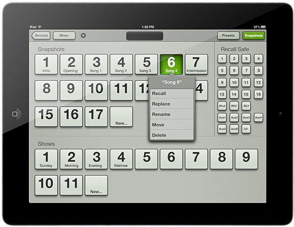 open zoom image for Mackie DL1608 Digital iPad Controlled Mixer (with 30-Pin Dock Connector), Snapshot View