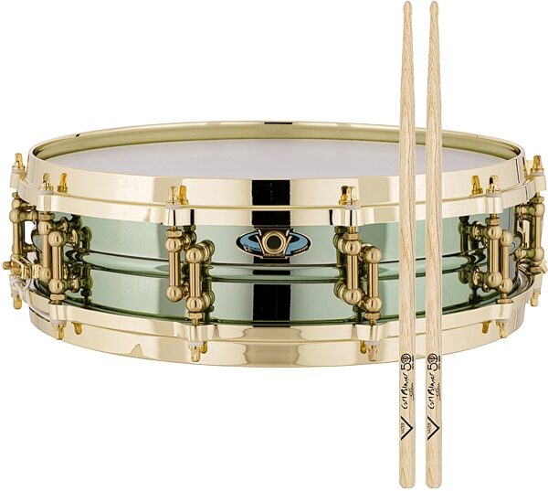 open zoom image for Ludwig Carl Palmer Venus Brass Snare Drum, Green, 3.7x14", with Vater Drumsticks, pack