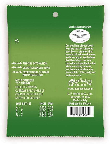 open zoom image for Martin Premium Polygut Ukulele Strings, Concert Size, M610, Action Position Back