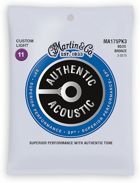 open zoom image for Martin Authentic SP 80/20 Bronze Acoustic Guitar Strings, 3-Pack, Custom Light, MA175, Action Position Back