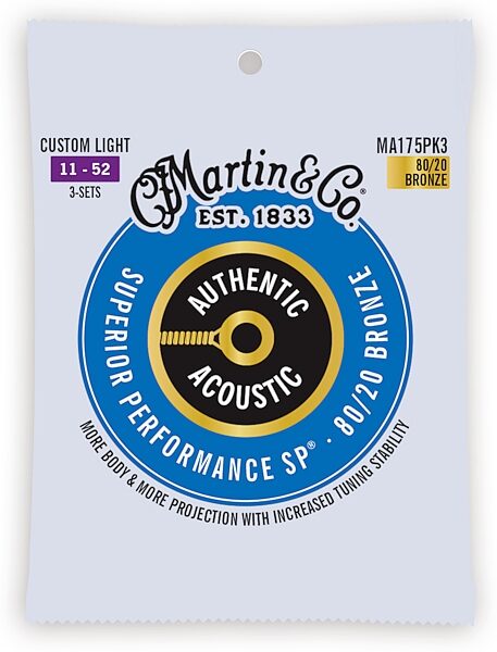 open zoom image for Martin Authentic SP 80/20 Bronze Acoustic Guitar Strings, 3-Pack, Custom Light, MA175, Action Position Back