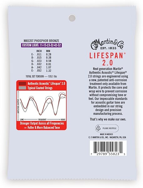 open zoom image for Martin Authentic Lifespan 2.0 Treated Phosphor Bronze Acoustic Guitar Strings, Custom Light, MA535T, Action Position Back