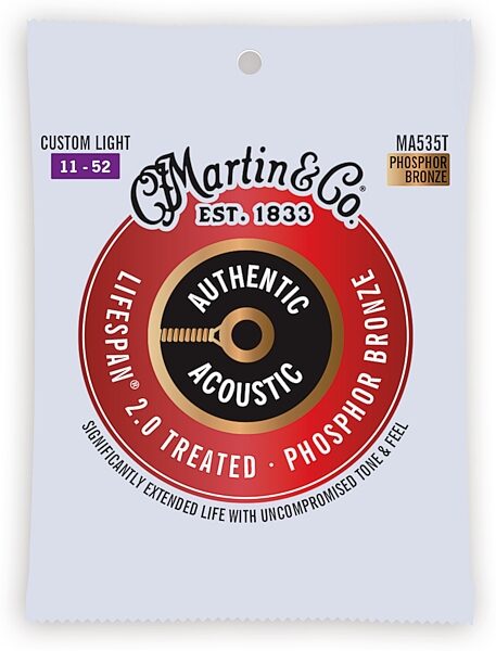 open zoom image for Martin Authentic Lifespan 2.0 Treated Phosphor Bronze Acoustic Guitar Strings, Custom Light, MA535T, Action Position Back