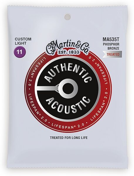 open zoom image for Martin Authentic Lifespan 2.0 Treated Phosphor Bronze Acoustic Guitar Strings, Custom Light, MA535T, Action Position Back