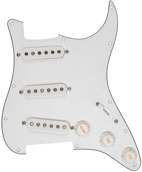 open zoom image for Mojotone Crandellcaster 62 Stratocaster Pickguard, White, Action Position Back