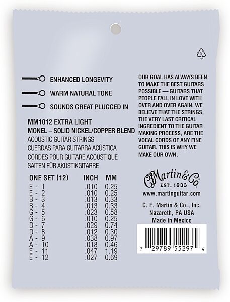 open zoom image for Martin Retro Monel 12-String Acoustic Guitar Strings, 10-27, Extra Light, MM1012, Main Back