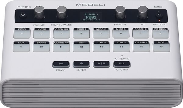 open zoom image for Medeli MR101S Portable Drum Machine, White, Action Position Back