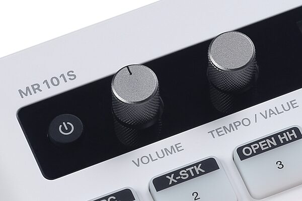 open zoom image for Medeli MR101S Portable Drum Machine, White, Action Position Back