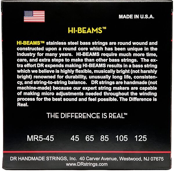 open zoom image for DR Strings MR545 Hi-Beams 5-String Electric Bass Strings (Medium, 45-125), Medium, 45-125, view