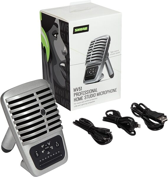 open zoom image for Shure MOTIV MV51 Professional Home Studio Microphone (with USB-A, USB-C and Lightning Cables), MV51-DIG, Open Box (Like New), Package Contents