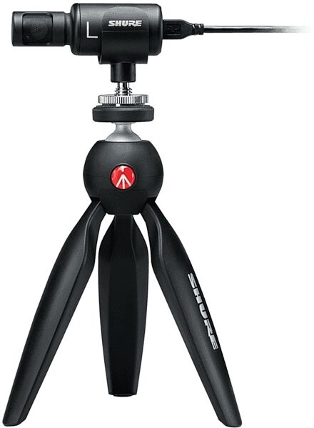 open zoom image for Shure MOTIV MV88 Plus Video Kit Stereo Condenser Microphone (with Lightning and USB-C Cables), Open Box (Like New), Mounted on Tripod
