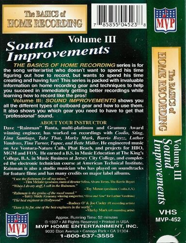 open zoom image for The Basics of Home Recording Volume III Sound Improvements Video, Back Cover